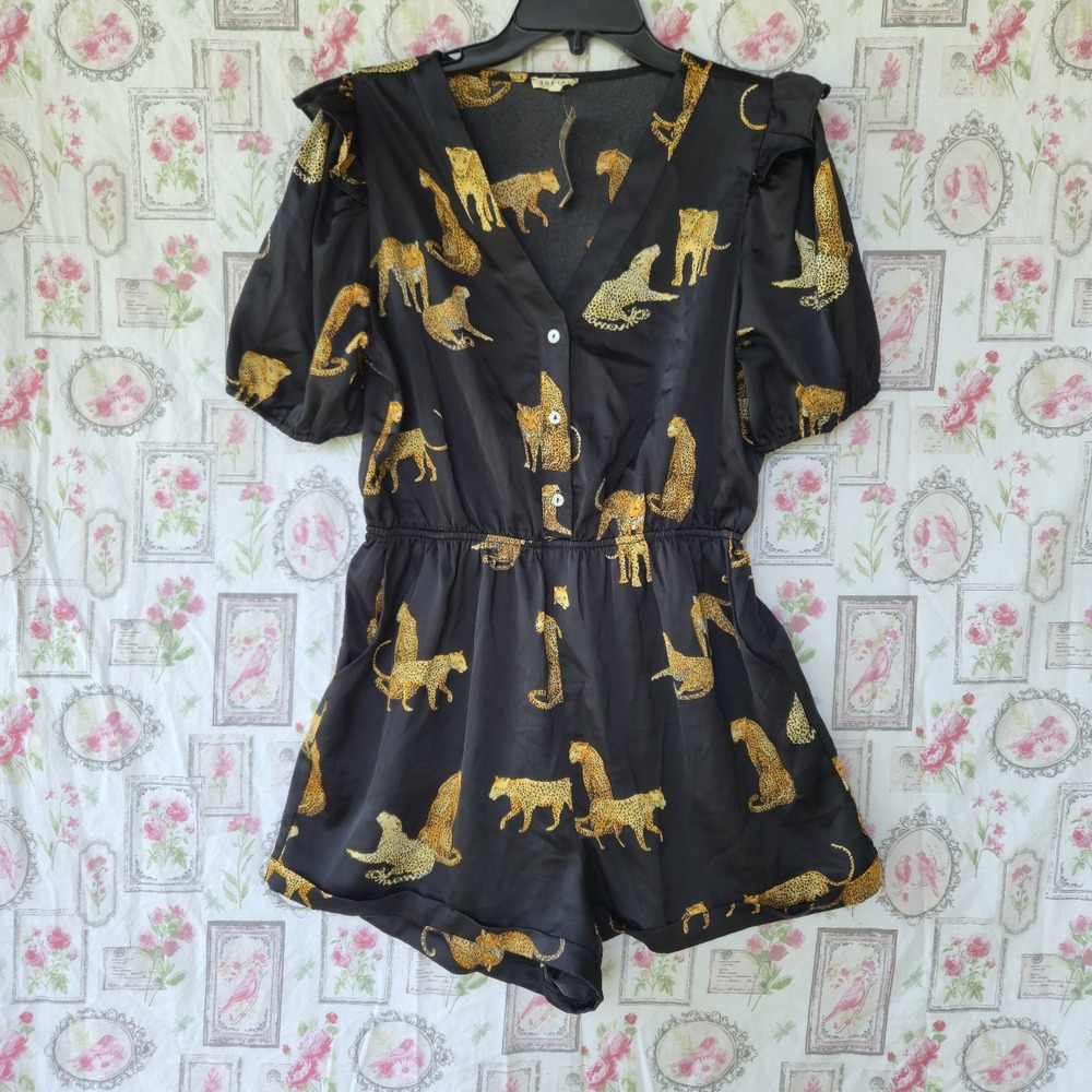 NWTvJodifl Black Satin Romper Medium Gold Metallic Tiger Leopard Print Pockets